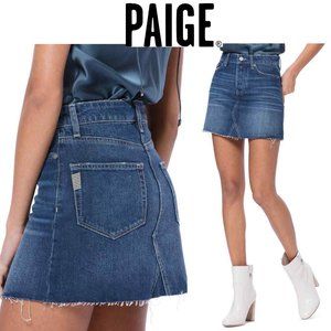 PAIGE 28 Aideen Valeria Denim Skirt High Rise Button Fly Raw Fray Hem Dark Blue